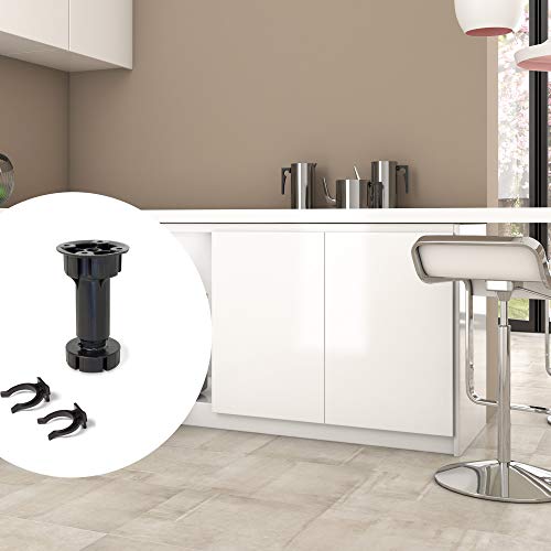 EMUCA - Patas Regulables para Muebles de Cocina o baño, Pack de 4 pies Negros con Accesorios de Montaje, H 150mm