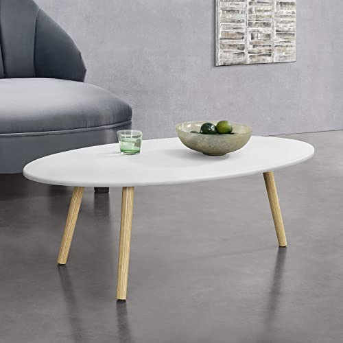 [en.casa] Mesa de Centro Viborg 109,5 x 59,5 x 39,5 cm Mesa de Salón Auxiliar con 3 Patas Trípode Mesa Baja Mesa de Café o Té Blanco y Efecto Madera