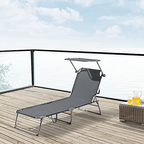 [en.casa] Tumbona Plegable Getaria 189 x 57 x 28 cm con Techo Parasol Toldo Acero hasta 115 kg Hamaca de Playa Asiento para Jardín Silla Reclinable Gris Oscuro