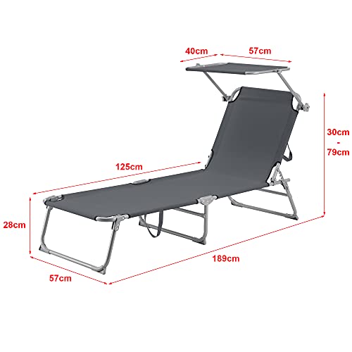 [en.casa] Tumbona Plegable Getaria 189 x 57 x 28 cm con Techo Parasol Toldo Acero hasta 115 kg Hamaca de Playa Asiento para Jardín Silla Reclinable Gris Oscuro