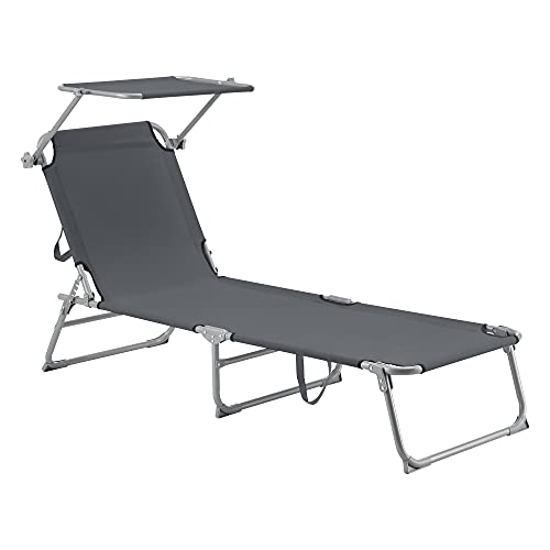 [en.casa] Tumbona Plegable Getaria 189 x 57 x 28 cm con Techo Parasol Toldo Acero hasta 115 kg Hamaca de Playa Asiento para Jardín Silla Reclinable Gris Oscuro