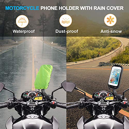 ENONEO Soporte Movil Moto Impermeable 360° Rotación Soporte Telefono Motocicleta con Cubierta de Lluvia Funda Soporte Smartphone Moto Retrovisor para Telefono hasta 6.7" Pulgada (Negro 1)