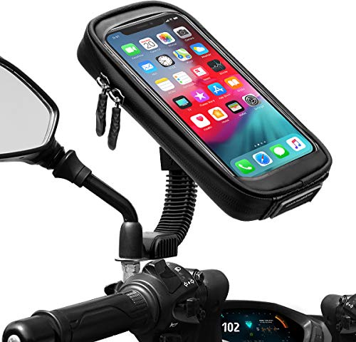 ENONEO Soporte Movil Moto Impermeable 360° Rotación Soporte Telefono Motocicleta con Cubierta de Lluvia Funda Soporte Smartphone Moto Retrovisor para Telefono hasta 6.7" Pulgada (Negro 1)