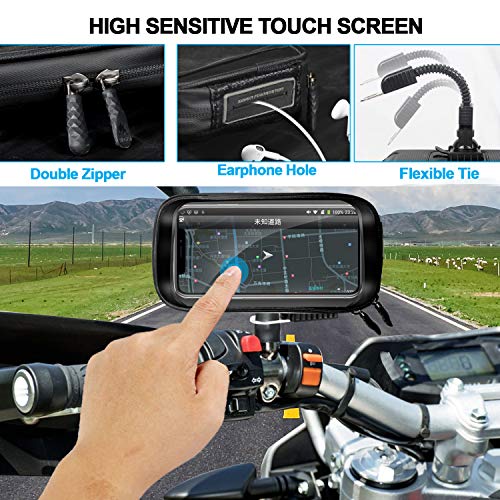 ENONEO Soporte Movil Moto Impermeable 360° Rotación Soporte Telefono Motocicleta con Cubierta de Lluvia Funda Soporte Smartphone Moto Retrovisor para Telefono hasta 6.7" Pulgada (Negro 1)