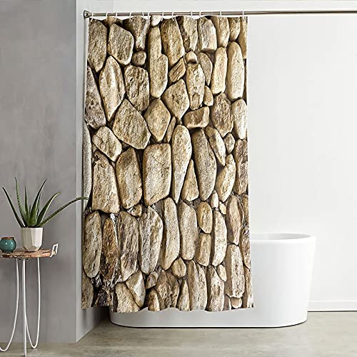 Epinki 90x180CM Cortinas Bañera, Cortina de Ducha Muro de Piedras Beige Cortinas Baño Ducha Poliéster con 12 Anillos