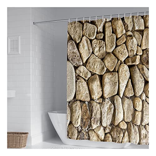 Epinki 90x180CM Cortinas Bañera, Cortina de Ducha Muro de Piedras Beige Cortinas Baño Ducha Poliéster con 12 Anillos