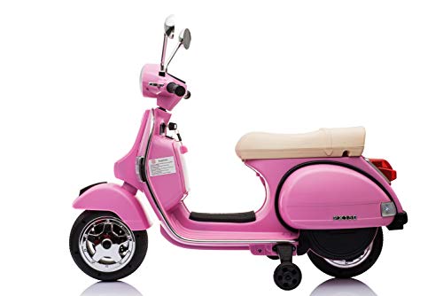 ES-TOYS Moto Scooter eléctrico para niños Vespa, Asiento de Cuero, MP3, USB, 2X 6V Electric Motors, Color:Rosa