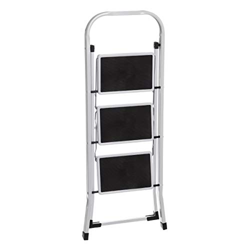 Escalera Plegable Portátil de 3 Peldaños Antideslizante Blanca/Negra de Acero de 105x71x46 cm