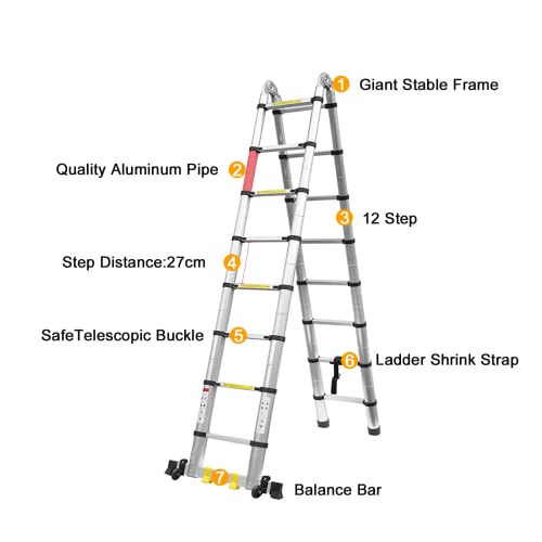 Escalera telescópica de Aluminio, Escalera de Aluminio 5.0M, Escalera telescópica Doble de 2 y 8 y 16 peldaños, Capacidad máxima 150 kg (2,5 + 2,5 m) KME3050