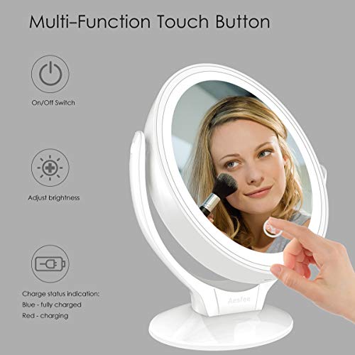 Espejo de Maquillaje de Doble Cara con Luces LED, Espejo Maquillaje de Aumento 1x/7x con Rotación de 360°, Pantalla Táctil Ajustable de Brillo, Recargable, Espejo iluminador Portátil para Viajes …