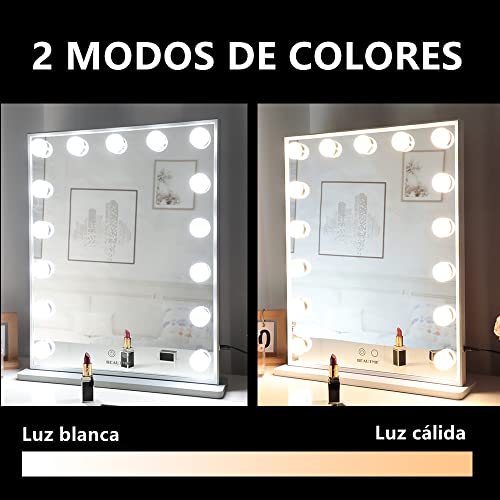 Espejo Maquillaje con Luz Espejo para Tocador Espejo de Pantalla Táctil Inteligente con 15 Bombillas LED Espejo de Mesa o Espejo de Pared Espejo de Maquillaje Grande(42x51.2CM/Blanco)