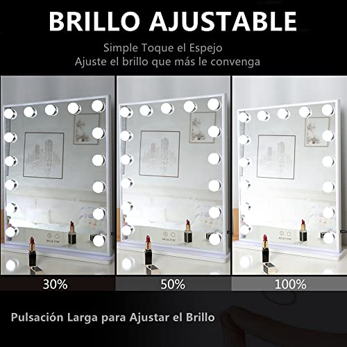 Espejo Maquillaje con Luz Espejo para Tocador Espejo de Pantalla Táctil Inteligente con 15 Bombillas LED Espejo de Mesa o Espejo de Pared Espejo de Maquillaje Grande(42x51.2CM/Blanco)