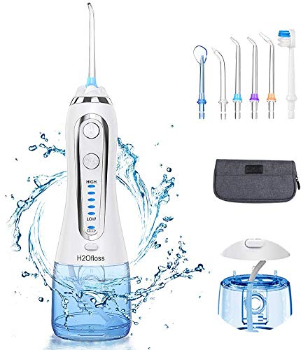 ESSEASON Irrigador Bucal Portátil Profesional - 5 Modos Irrigador Dental Recargable, 300ml Tanque de Agua Extraíble, IPX7 Impermeable con 6 Boquillas (Azul)