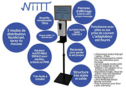 Estación de desinfección 3 en 1 dispensador automático de gel hidroalcohólico, solución o jabón de espuma manos sobre pie con panel de visualización personalizable, sin contacto, altura ajustable