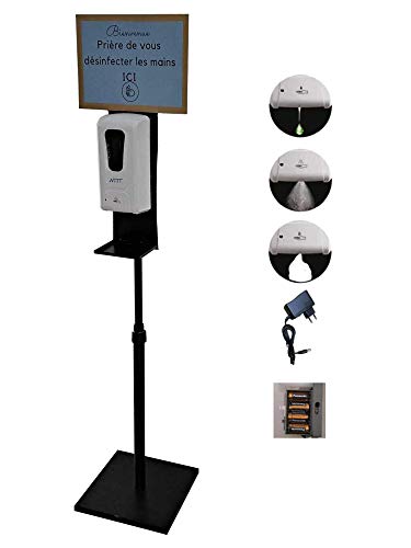 Estación de desinfección 3 en 1 dispensador automático de gel hidroalcohólico, solución o jabón de espuma manos sobre pie con panel de visualización personalizable, sin contacto, altura ajustable