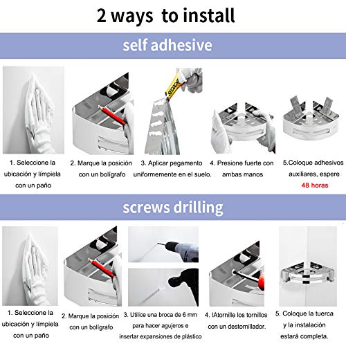 Estanteria de Esquina Ducha Sin Taladros, TUOHBOVA Estanteria Organizador Pared Adhesivo de Acero Inoxidable Para Baño y Cocina, con 4 Ganchos, Plata ((2 Piezas)