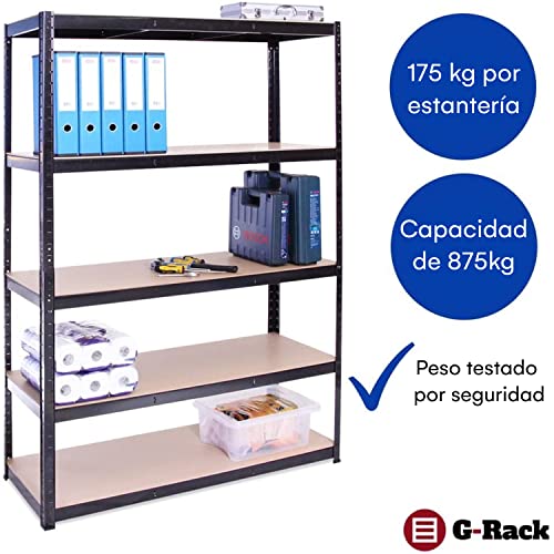 Estanterías para Garaje: 180 x 120 x 45cm | Estanterías de Alta Resistencia para Almacenamiento - 1 Unidad, Negro 5 Niveles (175KG/Estante), 875KG Total | 5 Años de Garantía