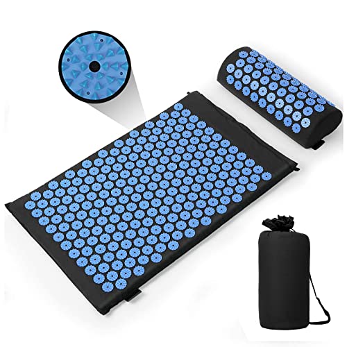 Esterilla de acupresión Kit de Masaje con Almohada reducir la tensión en la espalda, cuello, hombros azul/negro