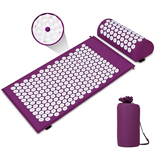 Esterilla de acupresión Kit de Masaje con Almohada reducir la tensión en la espalda, cuello, hombros púrpura