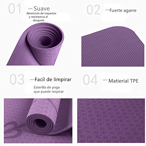 Esterilla Deporte Yoga Pilates Fitness Colchoneta TPE Gimnasia Antideslizante Esterilla yoga con líneas 183x61cm con Funda (Morado)