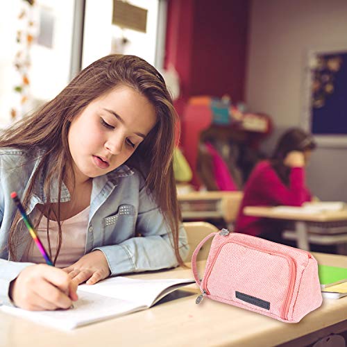 Estuche de Lápices de Gran Capacidad Multifuncional Bolsa de Lona Premium Bolsa de Lápiz Organizador de Papelería Estuche Maquillaje Plumier con Cremallera para Niñas Estudiantes (Rosa)