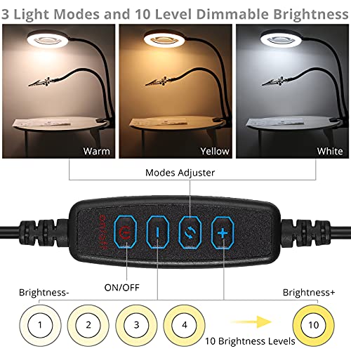 ESYNIC Lámpara de Aumento LED de 10X Lámpara de Escritorio de Manos Libres 72 LEDs con Luz 3 Colores y 10 Niveles de Atenuación Lámpara Lupa Ajustable de USB Alimentada para Leer, Coser, Soldar etc