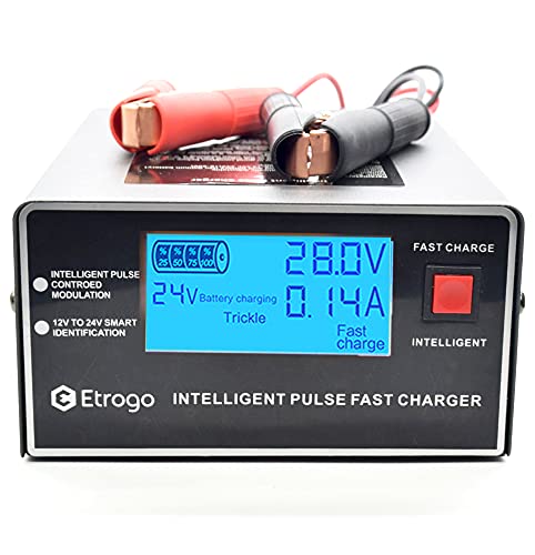 Etrogo Cargador Coche 12V 24V 10A 250W de Pulso Inteligente con Función Automática de Detección Reparación Mantenimiento con Pantalla LCD