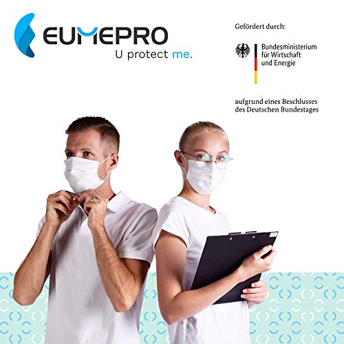 EUMEPRO Paquete de Máscara Quirúrgica Aprobado, 50 Piezas, DIN EN 14683 Tipo IIR, Máscara Desechable Blanca Bucal Protección