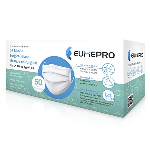 EUMEPRO Paquete de Máscara Quirúrgica Aprobado, 50 Piezas, DIN EN 14683 Tipo IIR, Máscara Desechable Blanca Bucal Protección