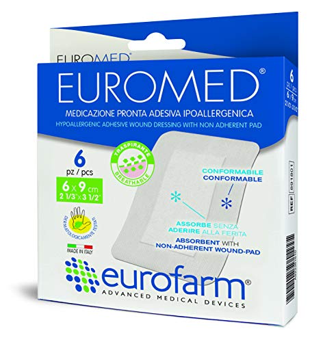 Euromed (cm 10 x cm 8) Apósito Adhesivo en Tejido noTejido, con Compresa No Adherente con Alto Poder de Absorción,Suave y Adaptable. Fabricado en Italia,6 Unidades