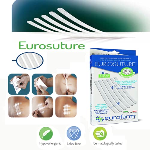 Eurosuture (mm 3 x mm 75) Tiras Estériles Para Sutura Cutánea, Adhesivo Hipoalergénico, Efecto Descolorado para un Mejor Resultado Cosmético.10 Unidades