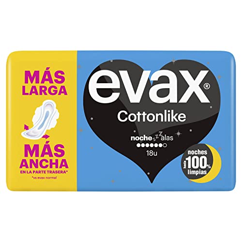 Evax Cottonlike Compresas Noche Con Alas, 18 Unidades, Parte Trasera 60% Más Larga Y Ancha