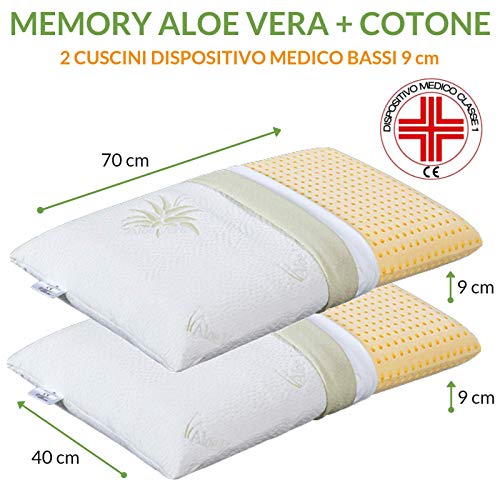 EvergreenWeb – Almohadas Cama cervicales de Memory Foam 40 x 70 Bajos 9 cm, Forro con aceites Esenciales Aloe Vera Funda extraíble y Lavable en Lavadora, par Almohadas automodellanti