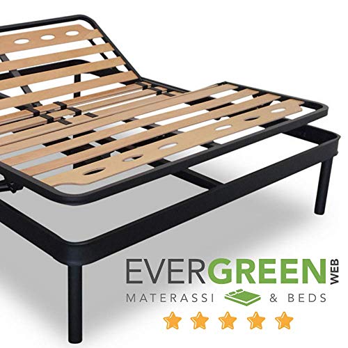 EvergreenWeb - Somier Matrimonial Eléctrico 150x200 de Láminas de Madera con Elevación Motorizada por Cabeza y Pies, Doble Estructura de Hierro con Reguladores de la Zona Lumbar y 4 Patas Extraíble