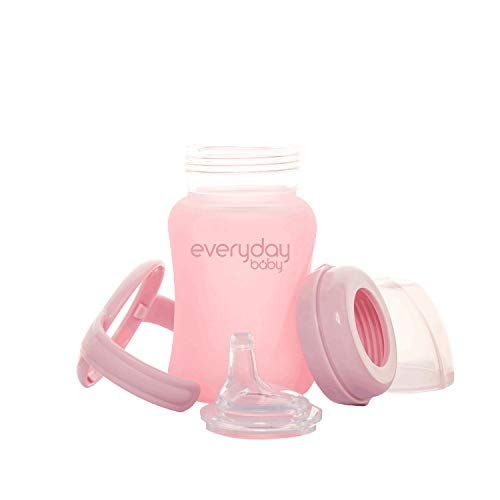 Everyday Baby Healthy + Vaso de vidrio para beber Sippy Cup, 6 meses, Funda de silicona, Incluye boquilla de silicona, Asas para beber, Tapa protectora, 150 ml, Rose Pink (Rosa), 30832 0302 01