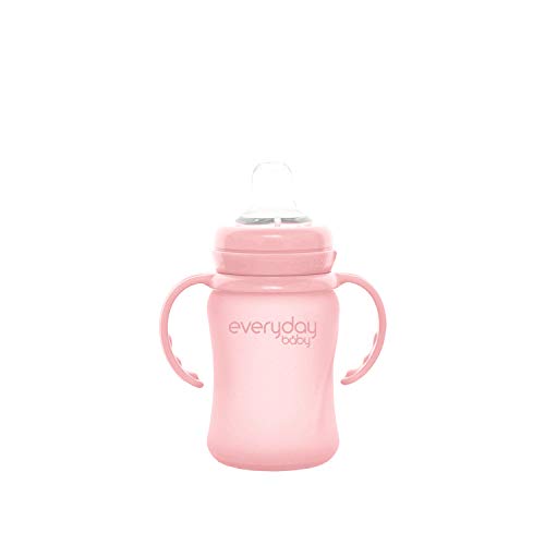 Everyday Baby Healthy + Vaso de vidrio para beber Sippy Cup, 6 meses, Funda de silicona, Incluye boquilla de silicona, Asas para beber, Tapa protectora, 150 ml, Rose Pink (Rosa), 30832 0302 01