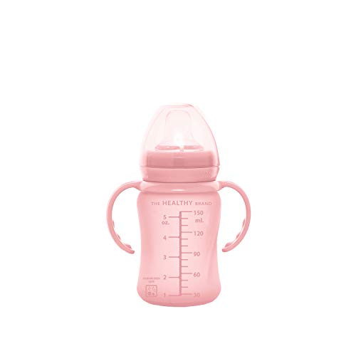 Everyday Baby Healthy + Vaso de vidrio para beber Sippy Cup, 6 meses, Funda de silicona, Incluye boquilla de silicona, Asas para beber, Tapa protectora, 150 ml, Rose Pink (Rosa), 30832 0302 01