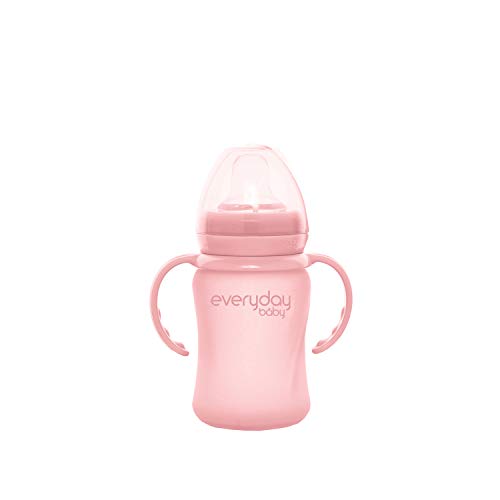 Everyday Baby Healthy + Vaso de vidrio para beber Sippy Cup, 6 meses, Funda de silicona, Incluye boquilla de silicona, Asas para beber, Tapa protectora, 150 ml, Rose Pink (Rosa), 30832 0302 01