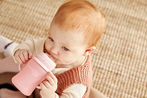 Everyday Baby Healthy + Vaso de vidrio para beber Sippy Cup, 6 meses, Funda de silicona, Incluye boquilla de silicona, Asas para beber, Tapa protectora, 150 ml, Rose Pink (Rosa), 30832 0302 01