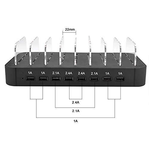 Evfun Estación de Carga USB, Base de Carga 8 Puertos Cargador Smartphone Tablets (Incluido 8 Cables de Carga)