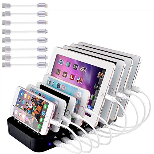 Evfun Estación de Carga USB, Base de Carga 8 Puertos Cargador Smartphone Tablets (Incluido 8 Cables de Carga)