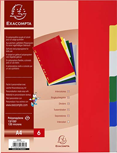 Exacompta 3006E – Un paquete de 6 separadores de polipropileno flexible 120 micras A4, colores variados