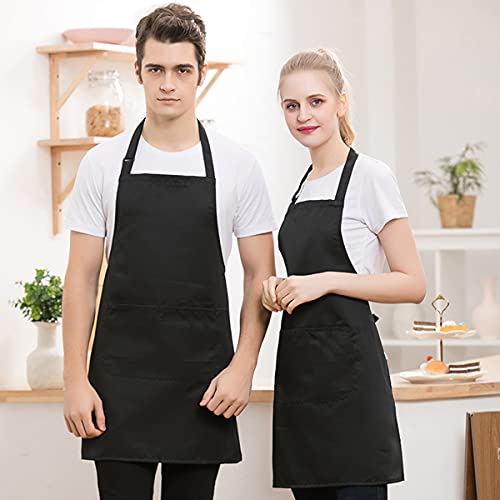 ExeQianming Delantales de cocinero, 2 unidades, con 2 bolsillos, impermeables, para mujeres, hombres, restaurantes, cocina, hornear, color negro