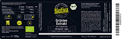 Extracto de té verde orgánico 150 cápsulas - 1500 mg dosis diaria más alta - 50% de contenido de polifenoles - EGCG - libre de lactosa y gluten, sin aditivos ni antiaglomerantes