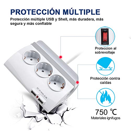 ExtraStar Regleta con 5 enchufes y 2 puertos USB e interruptor,cable de alimentación de 1,5 metros de largo con enchufe de eléctricas y protección para niños Europe 3680W 230V 16A