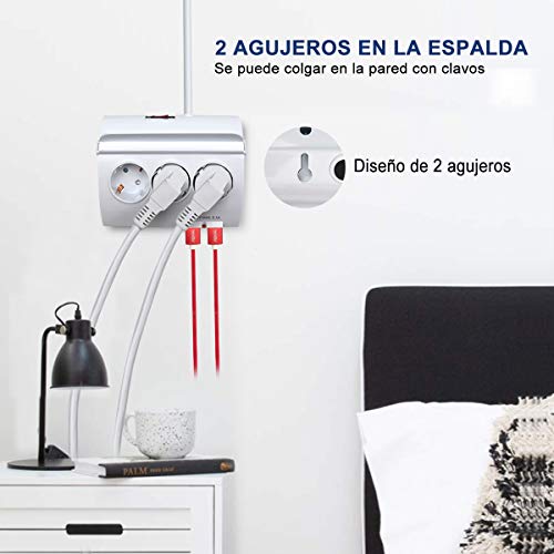 ExtraStar Regleta con 5 enchufes y 2 puertos USB e interruptor,cable de alimentación de 1,5 metros de largo con enchufe de eléctricas y protección para niños Europe 3680W 230V 16A