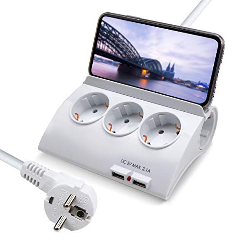 ExtraStar Regleta con 5 enchufes y 2 puertos USB e interruptor,cable de alimentación de 1,5 metros de largo con enchufe de eléctricas y protección para niños Europe 3680W 230V 16A