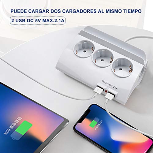 ExtraStar Regleta con 5 enchufes y 2 puertos USB e interruptor,cable de alimentación de 1,5 metros de largo con enchufe de eléctricas y protección para niños Europe 3680W 230V 16A