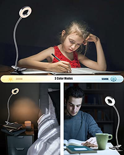 Eyocean Lámpara LED de lectura regulable con pinza para cabecero de cama, dormitorio, oficina, 3 modos y 10 niveles de intensidad, luz de pinza flexible, incluye adaptador CE, 7 W, color plateado