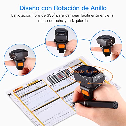 Eyoyo 2D Escáner de Código de Barras, Mini 1D 2D QR Código de Barras del Anillo Portátil con USB Cable & 2.4G Inalámbrico & Bluetooth Soporte QR/Data Matrix/ PDF417 para iPad, iPhone, Android, PC